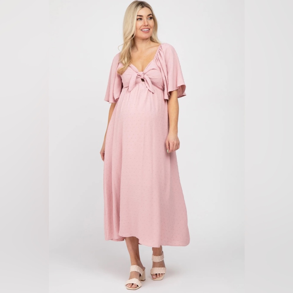 Mauve Textured Dot Front Tie Ruffle Sleeve Maternity Midi Dress size M